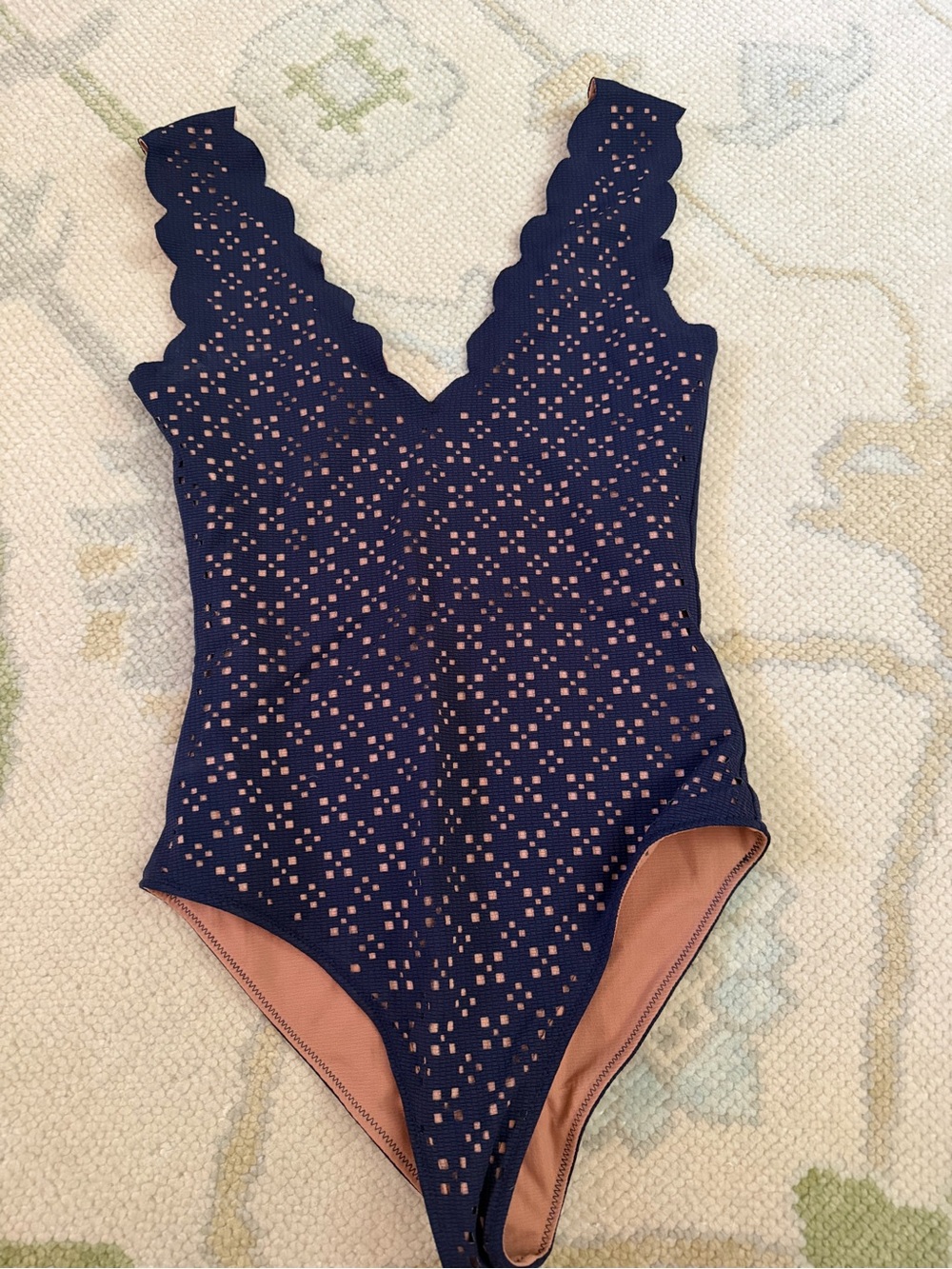 Marysia Malloy Laser cut Scalloped Navy One-Piece Swimsuit with Blush Lining